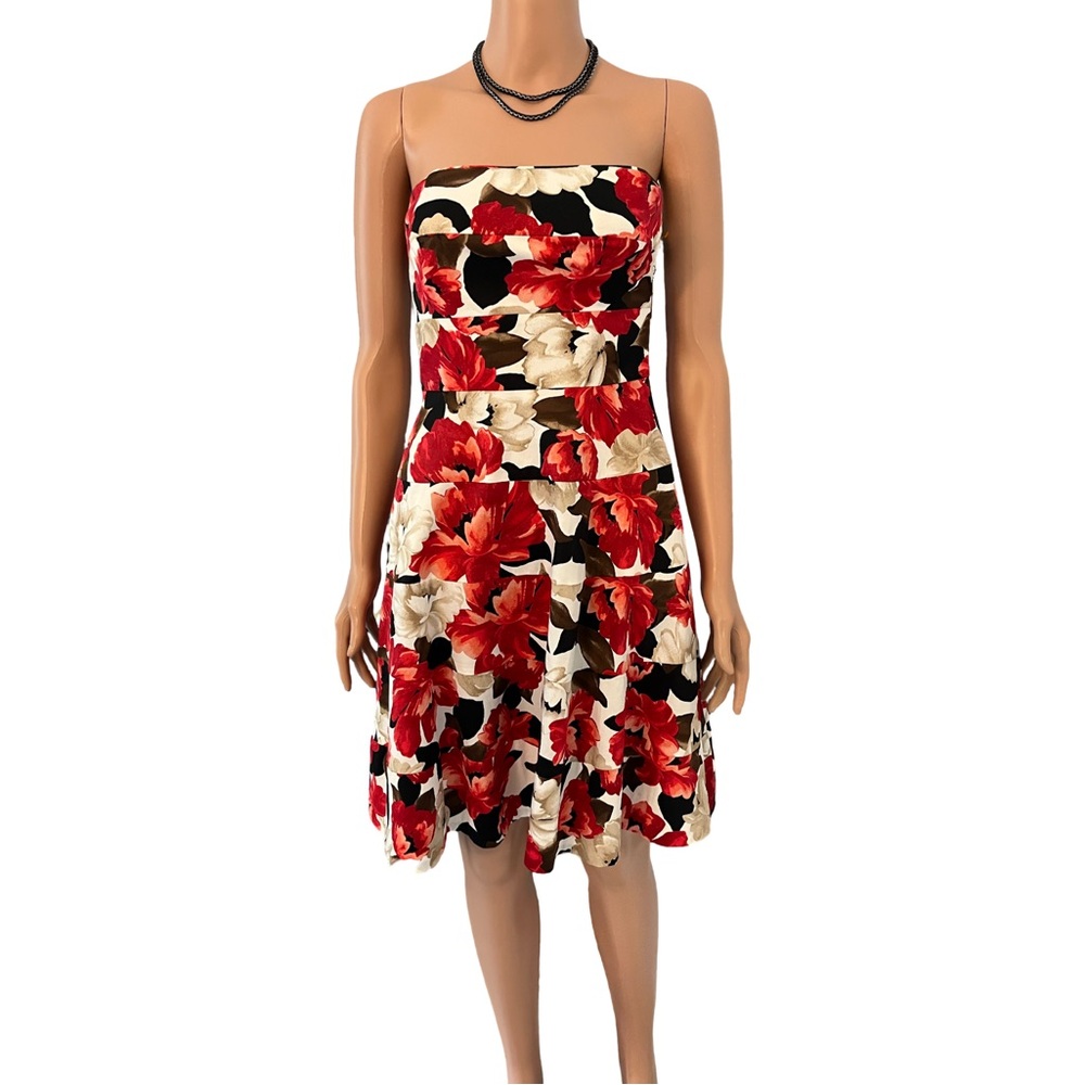 White House Black Market strapless floral dress.